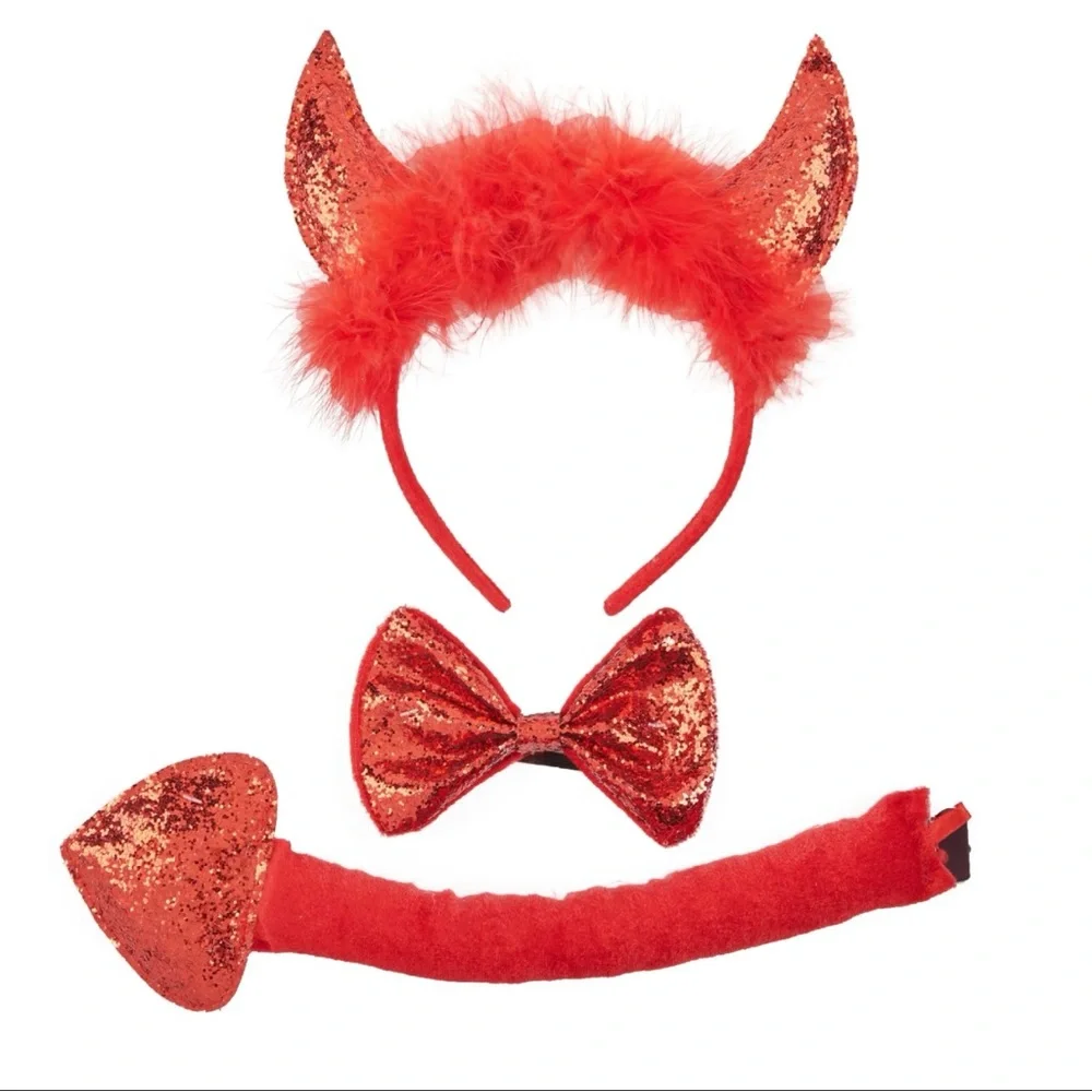 Sparkly Red Devil Costume Kit - 3 piece set- Bow tie, Tail, & Headband w/ horns - Picture 2 of 4